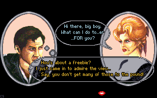 Innocent Until Caught (DOS) screenshot: Two portraits, multiple-choice answers: the dialogues in IUC.