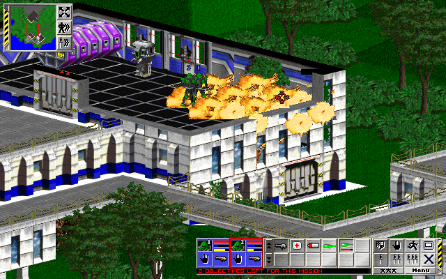 Total Mayhem (Windows 3.x) screenshot: Recklessly causing a big explosion, punching a hole through the wall by it