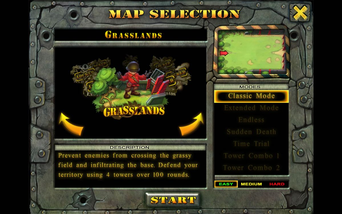 Fieldrunners (Windows) screenshot: Map and game mode selection
