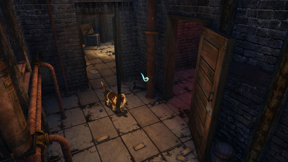 The Testament of Sherlock Holmes (Windows) screenshot: Literally 'walking the dog' at the docks