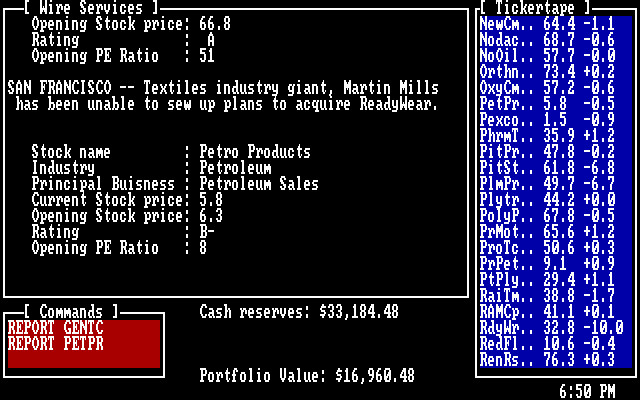 Inside Trader: The Authentic Stock Trading Game (DOS) screenshot: View reports on the stocks
