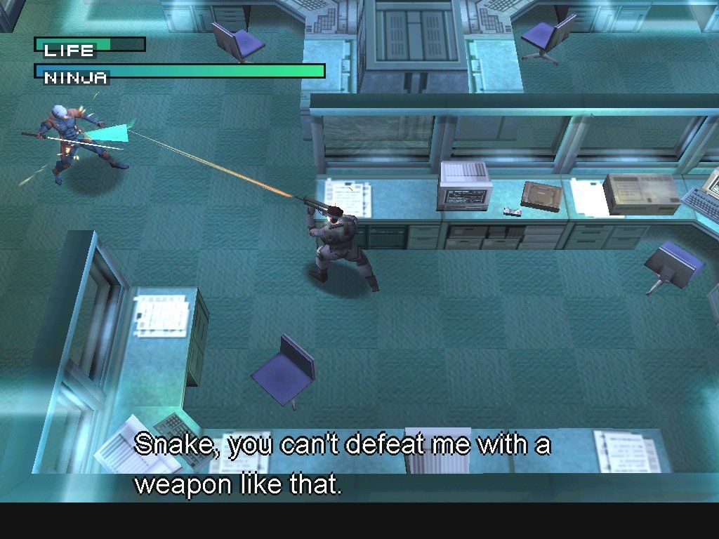 Metal Gear Solid (Windows) screenshot: A big Star Wars fan, the Ninja has mastered the art of deflecting bullets with his sword