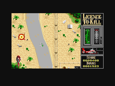 007: Licence to Kill (Atari ST) screenshot: Your helicopter can make things go BOOM