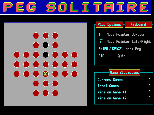 Peg Solitaire (DOS) screenshot: The layout of Peg Solitaire. The arrow keys are used to identify a peg. ENTER is used to select it. The same keys are used to identify a destination hole and ENTER is used to place it