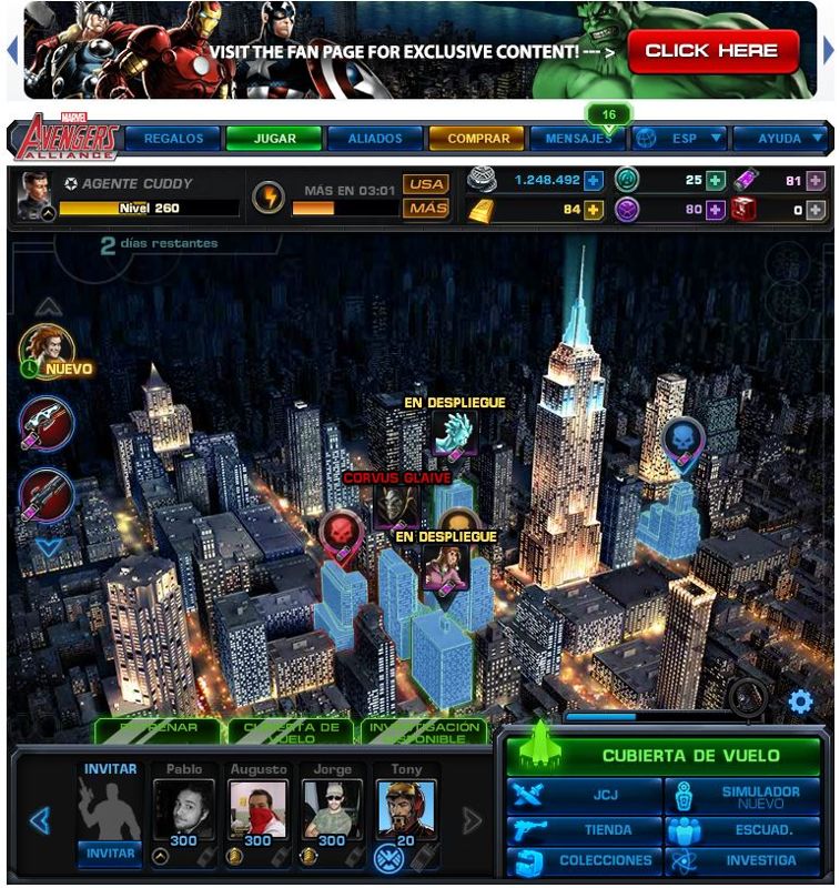 Marvel: Avengers Alliance (Browser) screenshot: Missions and deploys of a special operation.