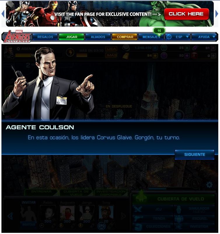 Marvel: Avengers Alliance (Browser) screenshot: Agent Coulson giving instructions about the mission.
