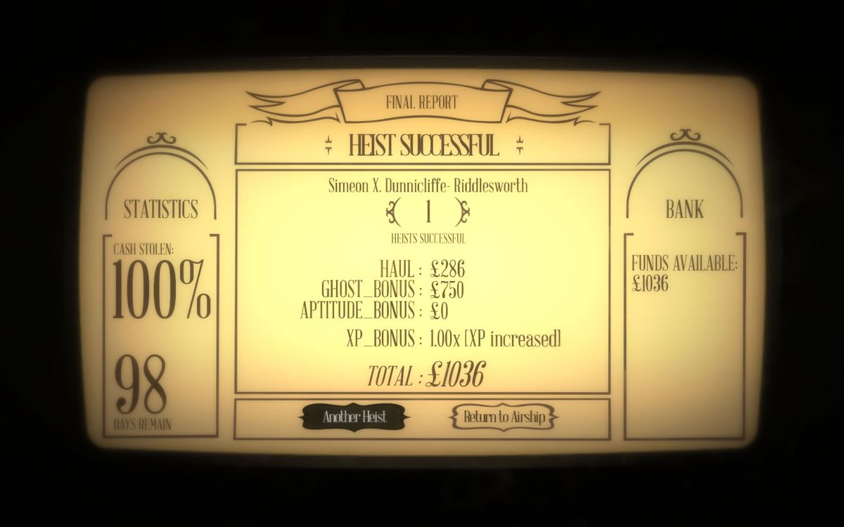 The Swindle (Windows) screenshot: The result of a successful heist