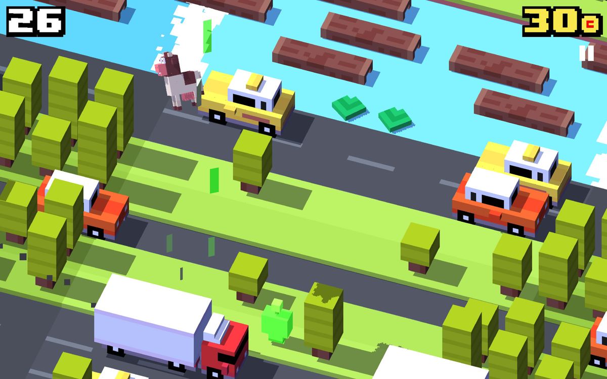 Crossy Road (Android) screenshot: As an alien you see how cows are abducted. This does not influence the gameplay in any way.