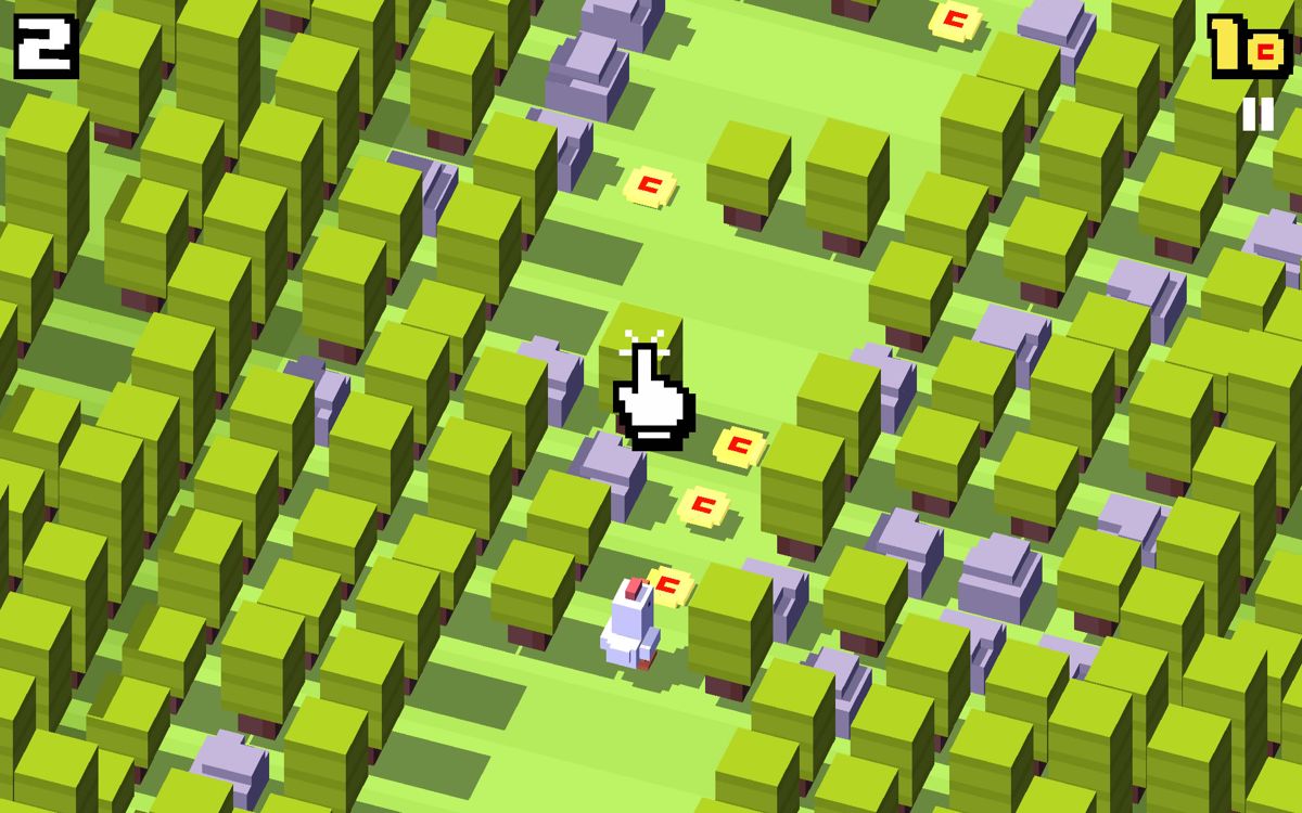 Crossy Road (Android) screenshot: A short trip through a forest acts as a tutorial.