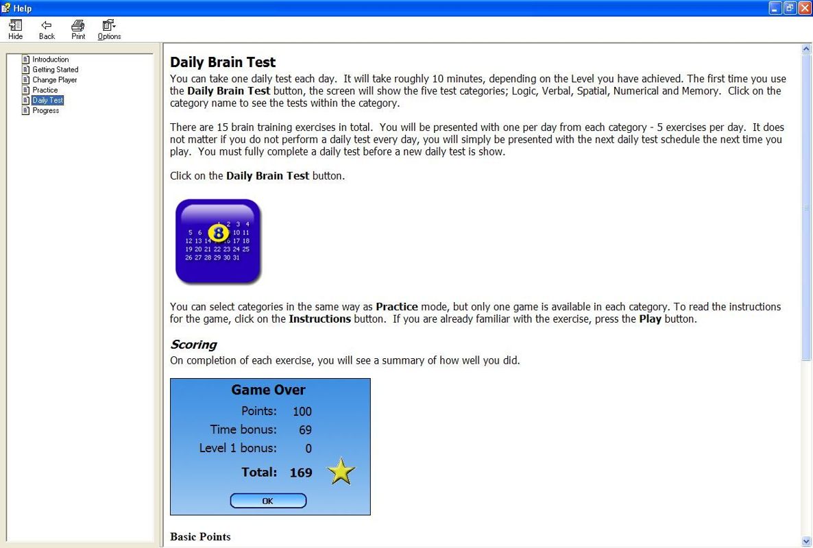 Mindscape's Brain Trainer (Windows) screenshot: The '?' icon on the main menu screen opens up the game's help file in a new window that partially obscures the game screen