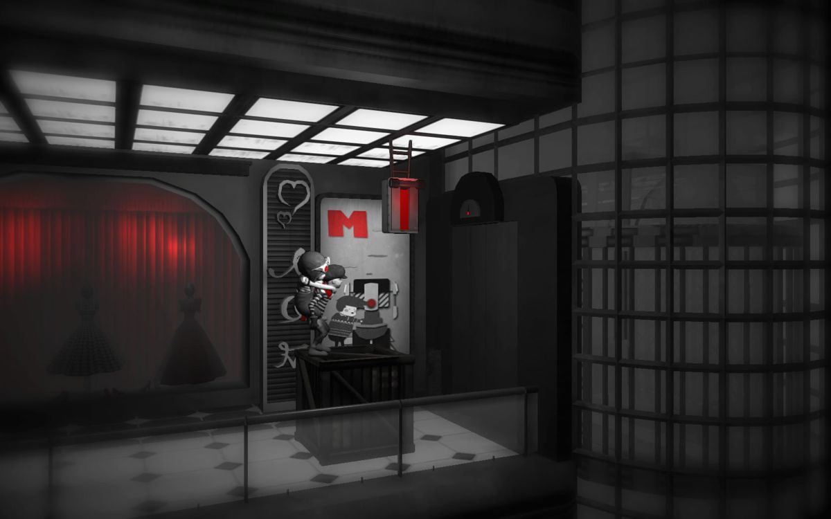 Monochroma (Windows) screenshot: Use a crate to reach the level. You cannot jump high with your brother on your back.
