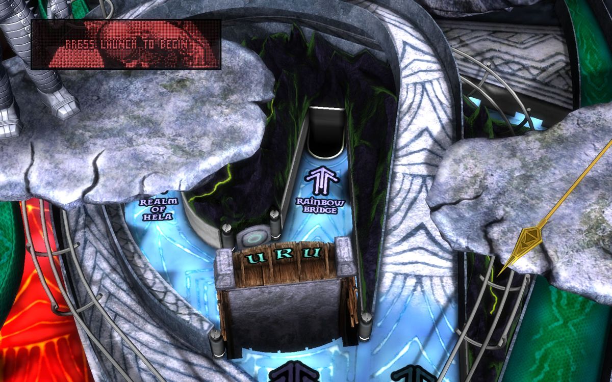 Marvel Pinball: Vengeance and Virtue (Windows) screenshot: <i>Thor</i> - Zoomed in view of the three URU letters that need to be highlighted to open up the rainbow bridge.