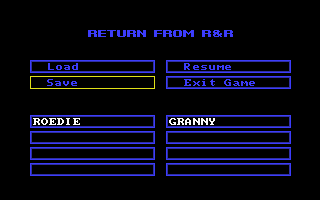 Wings of Fury (DOS) screenshot: Load & save game menu.