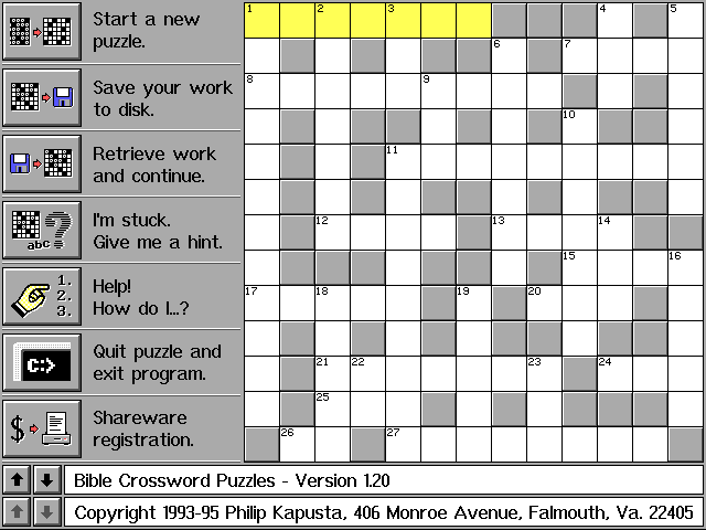 Bible Crossword Puzzles (DOS) screenshot: The start of a game. The word currently targeted is shown in yellow.
