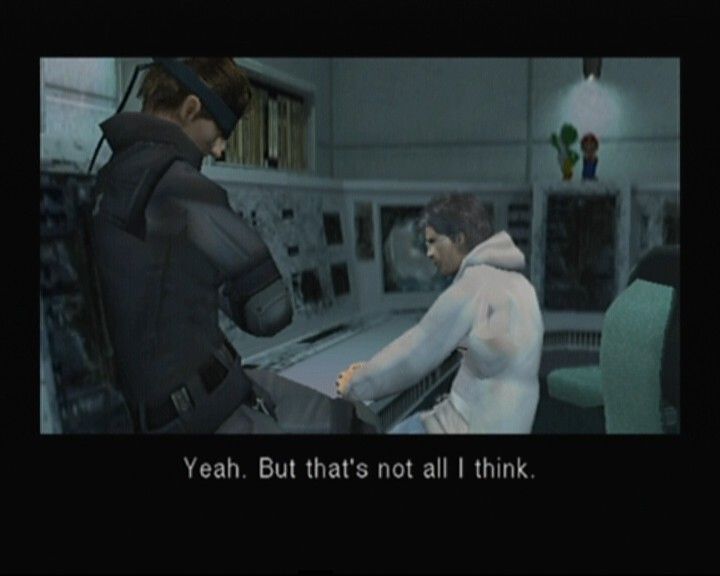 Metal Gear Solid: The Twin Snakes (GameCube) screenshot: Meeting Dr. Hal Emmerich, Snake's future close friend and a partner