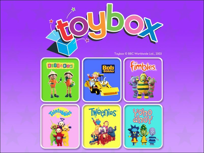 Toybox Games Collection (Windows) screenshot: The games first title screen. This is shown for a short while, then the screen clears, then letters jump out of the toybox recreating the name shown at the top of the shot but full screen