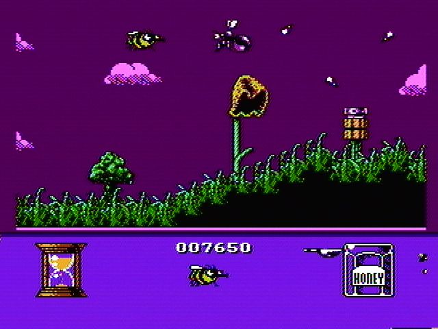 Bee 52 (NES) screenshot: A lawn sprinkler and a bug are in the way
