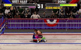 WWF WrestleMania (DOS) screenshot: Bret Hart locks Doink in the Sharpshooter!