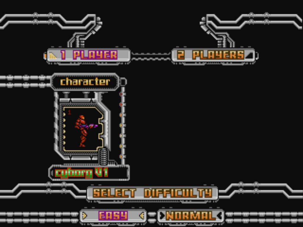 Super Cyborg (Windows) screenshot: Select mode and difficulty.