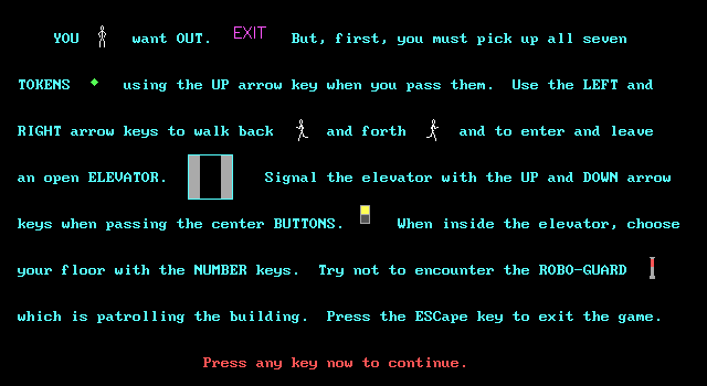 Elevators from Hell (DOS) screenshot: Instruction screen