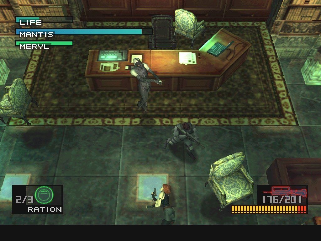 Metal Gear Solid (Windows) screenshot: Psycho Mantis can use his telekinesis to throw everything at you except the kitchen sink. Also a Star Wars fan, he even goes so far as to use his last words to rip off Darth Vader's death scene