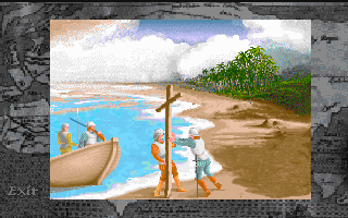 Columbus Discovery (DOS) screenshot: Santa Maria...this land of plenty will be a pearl of a Spanish crown...