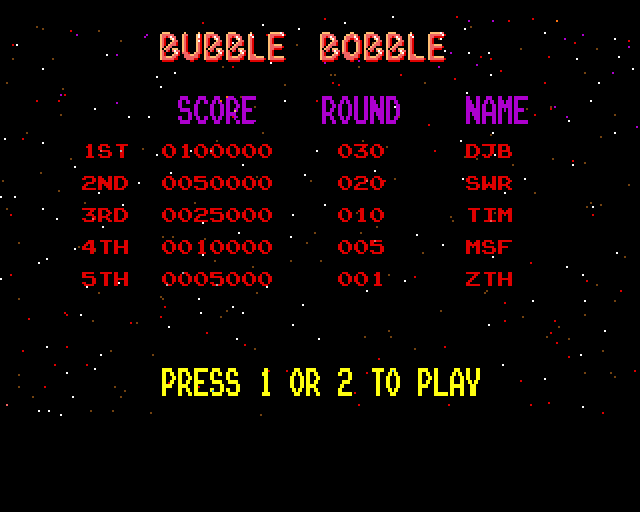 Bubble Bobble (Amiga) screenshot: Highscores table