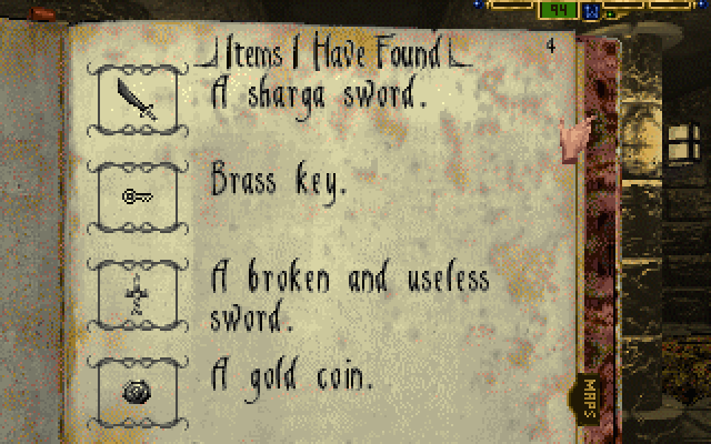 Stonekeep (DOS) screenshot: The journal inventories every item you pick up