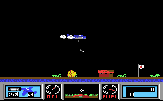 Wings of Fury (DOS) screenshot: Bombarding enemy barracks.