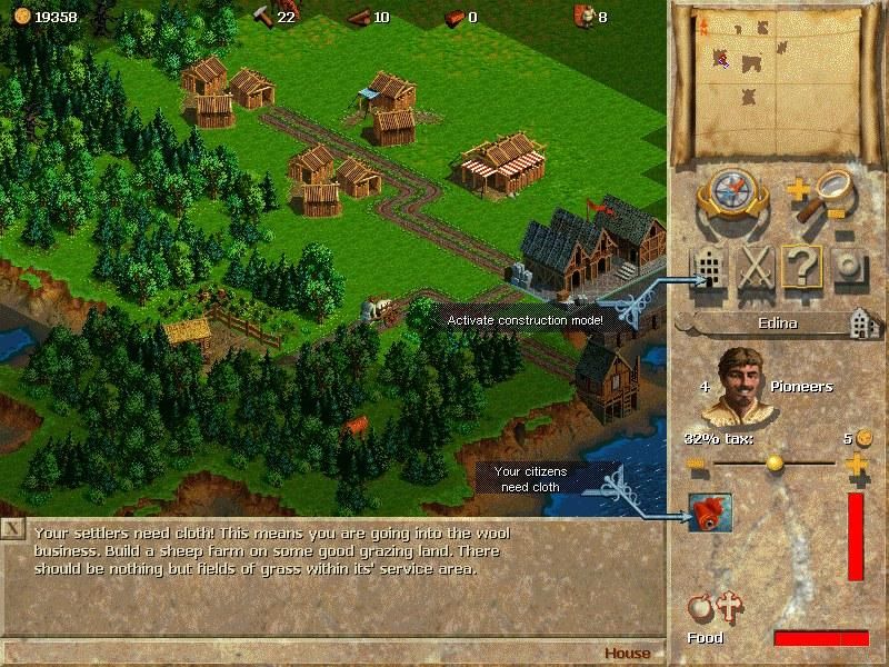 1602 A.D. (Windows) screenshot: The settlers need cloth; time to go into the wool business!