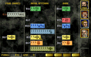 1830: Railroads & Robber Barons (DOS) screenshot: The Stock Exchange. Despite being a railroad game, this may be the most crucial screen in the game.