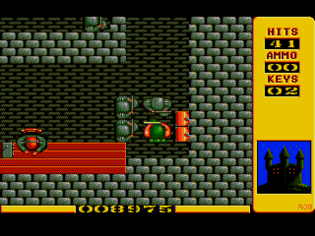 Into the Eagle's Nest (Amiga) screenshot: Help! I'm surrounded by guards, but I can't shoot at them because I have no ammo in my gun