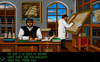 1869 (DOS) screenshot: Those guys will sell you a ship.