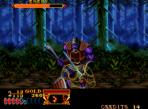 Crossed Swords (Neo Geo) screenshot: Fighting in the dark forest