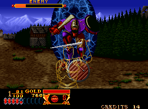 Crossed Swords (Neo Geo) screenshot: What's behind that blue thing behind that enemy?
