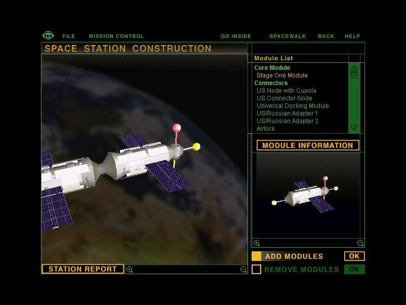 Space Station Simulator (Windows) screenshot: The Space Station Construction option. The modules are connected by clicking on their yellow connection points. When they turn pink the Add Modules button becomes active