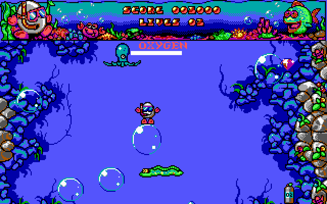 Bubble Dizzy (DOS) screenshot: Floating up on an air bubble (EGA)