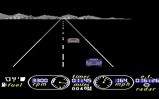 The Great American Cross-Country Road Race (Commodore 64) screenshot: Entering Billings at night time