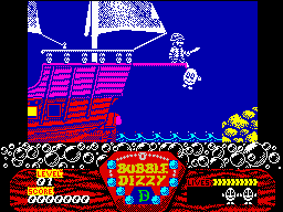 Bubble Dizzy (ZX Spectrum) screenshot: Dizzy forced to walk the plank by evil Captain Blackheart