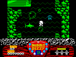 Bubble Dizzy (ZX Spectrum) screenshot: Floating up on a bubble
