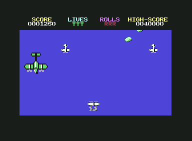 1942 (Commodore 64) screenshot: Uh oh, big planes attacking