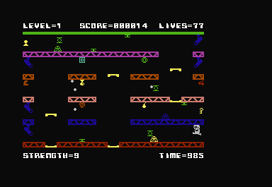 1994 (Ten Years After) (Commodore 64) screenshot: This is the opening screen. You are the sprite on the bottom right corner. You need to move right away to avoid collision with the bad guys (jelly droids).