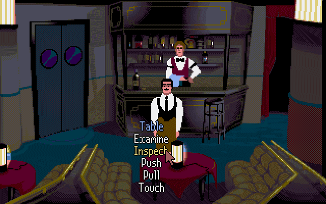 Cruise for a Corpse (DOS) screenshot: The commands you get to choose depend on the object you click on.