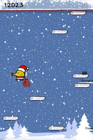 Doodle Jump (iPhone) screenshot: Using a jet pack is a good way to get higher fast.