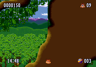 Bubsy II (Genesis) screenshot: Bubsy is hidden by the huge tree