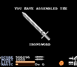 IronSword: Wizards & Warriors II (NES) screenshot: After defeating each elemental, you receive one quarter of the legendary Ironsword - this is the final product.