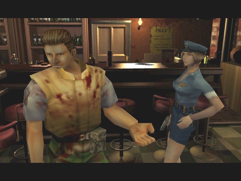 Resident Evil 3: Nemesis (Windows) screenshot: Jill chats with fellow STARS member Brad 'chickenheart' Vickers, who's ranting 'He's after STARS members! There's no escape!' Who is 'he'? You'll find out soon enough
