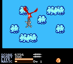 IronSword: Wizards & Warriors II (NES) screenshot: For your egg trouble, he gives you a literal lift up to the cloud world.