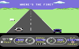 The Great American Cross-Country Road Race (Commodore 64) screenshot: Busted by the cops for speeding