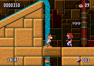 Bubsy II (Genesis) screenshot: Waterfall and a mean guy